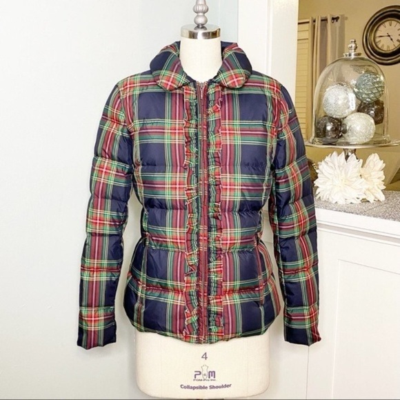 Talbots Plaid Tartan Ruffled Down Puffer Jacket Winter Coat Red Blue Green XS - Picture 4 of 14